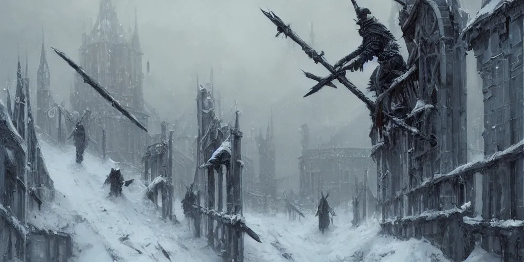 Image similar to Several heads impaled on spikes in the snow, snow storm, fantasy, medieval, horror, Artstation, painting by greg rutkowski