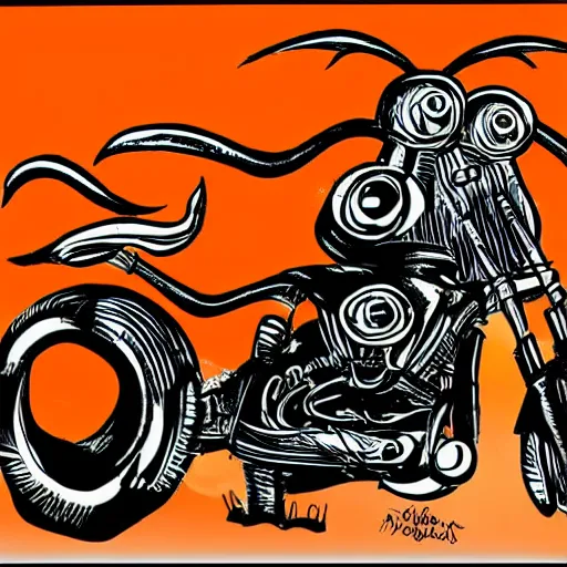 Image similar to a cartoon donkey, riding a harley - davidson motorcycle, orange and black, in the style of ed roth