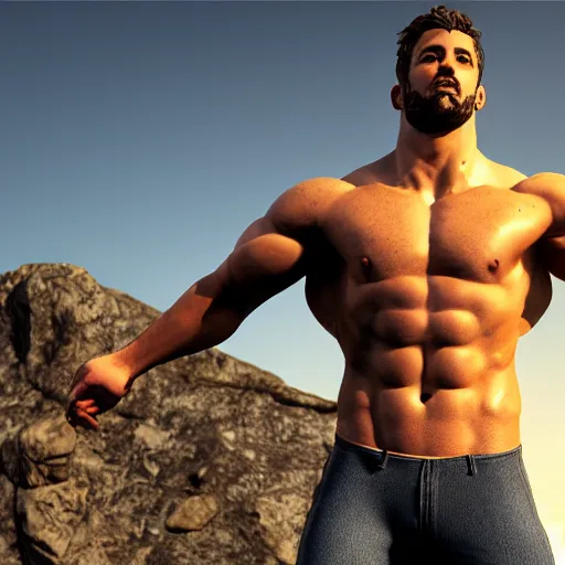 Image similar to god physique, greek god, standing on top of mountain, ultra realistic, concept art, posing, body builder, award, inspirational, realistic lighting, real life, unreal engine render, windy