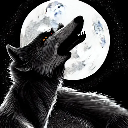 Image similar to werewolf howling at the full moon, side angle, artstation, highly detailed, intricate, black and white