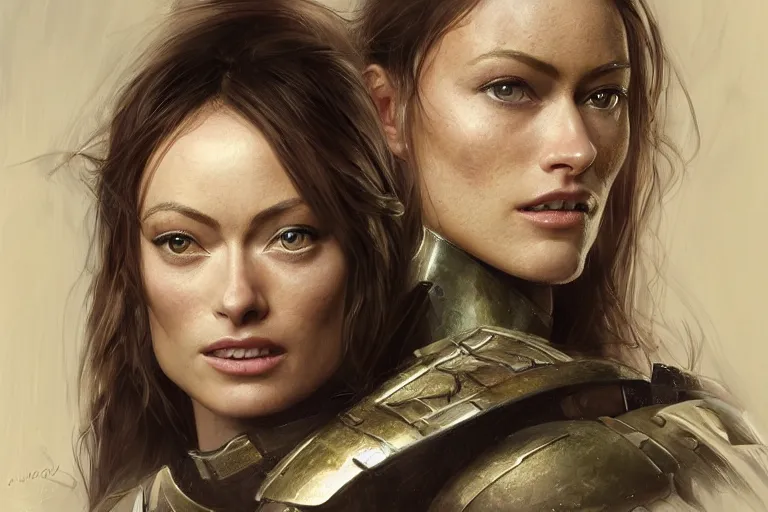 Image similar to a head and shoulders portrait of Olivia Wilde, clothed in battle armor, olive skin, long dark hair, beautiful bone structure, symmetrical facial features, intricate, finely detailed, elegant, digital painting, trending on Artstation, concept art, smooth, sharp focus, illustration, from Metal Gear by Ruan Jia and Mandy Jurgens and Artgerm and and william-adolphe bouguerea, award winning