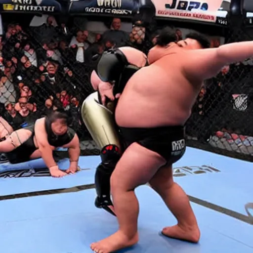 Image similar to robocop getting beat up by sumo wrestler in the ufc octagon