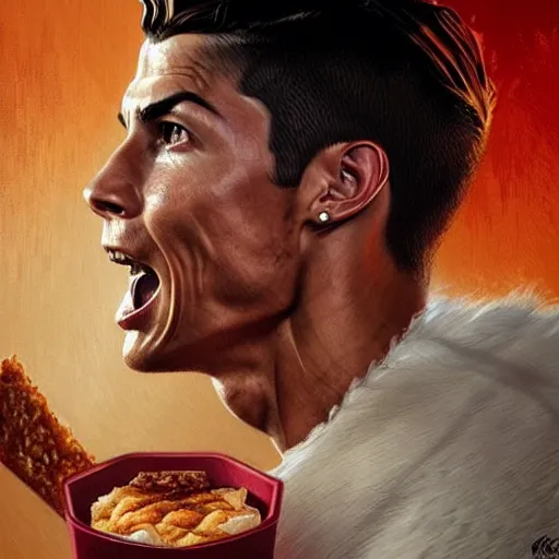 Image similar to Cristiano Ronaldo eating a mighty zinger from KFC, closeup, D&D, fantasy, intricate, elegant, highly detailed, digital painting, artstation, concept art, matte, sharp focus, illustration, art by Artgerm and Greg Rutkowski and Alphonse Mucha