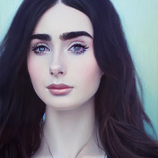 Image similar to of an ultradetailed beautiful portrait panting of lilly collins, front view, oil painting, by ilya kuvshinov, greg rutkowski and makoto shinkai