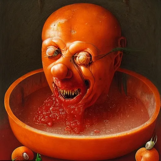 Prompt: a chef sitting in a bathtub full of tomato sauce, looking straight into camera, screaming in pain, by giuseppe arcimboldo and ambrosius benson, renaissance, fruit, intricate and intense oil paint, a touch of beksinski, realistic