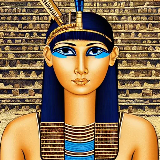 Prompt: cleopatra in ancient egypt in front of a pyramid, perfect, hyperrealistic and ultra detailed face , wild blue eyes and brown, short and straight hair