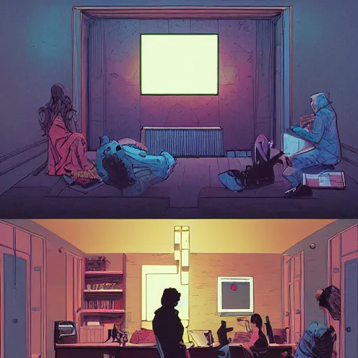 Prompt: A room with big screen on the wall from horror TV show by Feng Zhu and Loish and Laurie Greasley, Victo Ngai, Andreas Rocha, John Harris