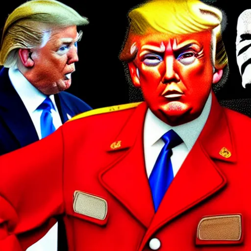 Image similar to donald trump wearing a soviet uniform, red background, in st. petersburg, photorealistic, detailed