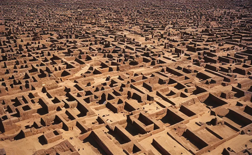 Prompt: high quality 2000s historic footage of gigantic labyrinth in the desert buildings in liminal space style and megalith, color aerial photo drone, Cinestill 800t, heavy grainy picture, very detailed, high quality, 4k panoramic