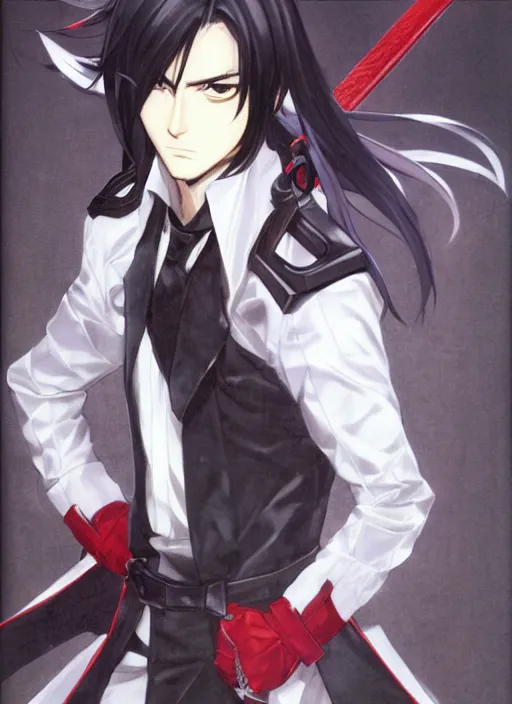 Prompt: portrait by shigenori soejima, handsome male vampire, focus on face, sword holster, long black hair, dark blue shirt, light brown coat, red eyes,