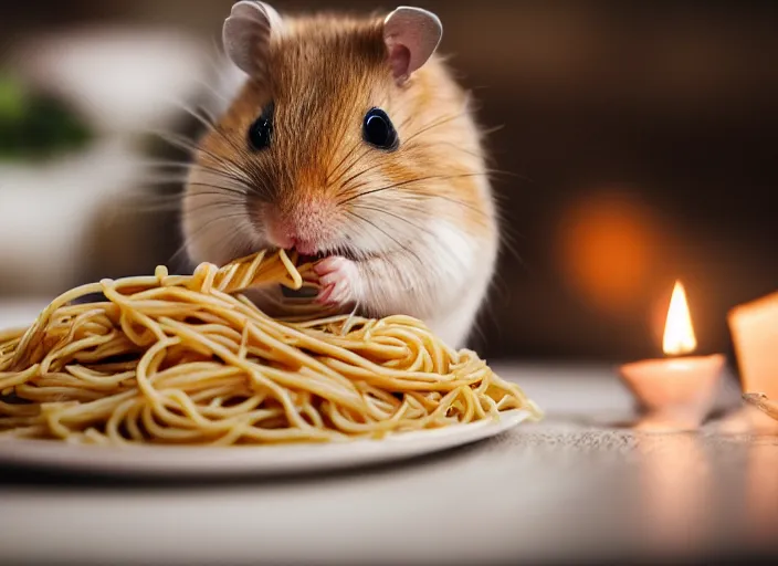 Prompt: photo of a hamster eating spaghetti, at night, candlelit restaurant table, various poses, unedited, soft light, centered, sharp focus, 8 k