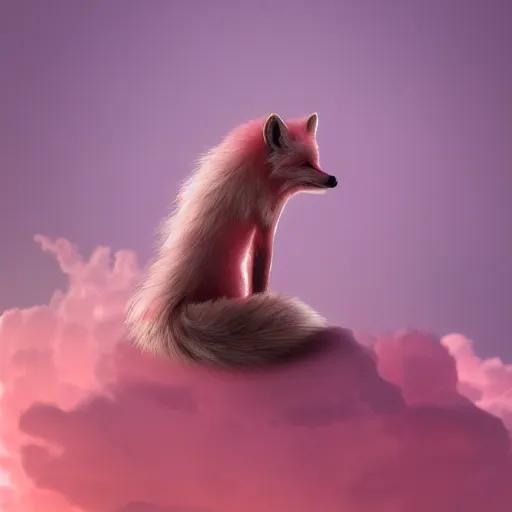 Prompt: a photorealistic pink fox sitting on a cloud