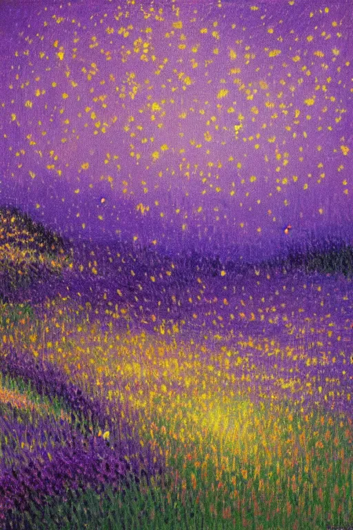 Prompt: gauzy twilight impressionist painting of fireflies in my backyard in a purple cast, intense purplish color oil painting by claude monet and paul signac, cosmic trending on artstation 8 k