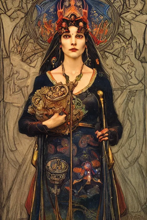 Prompt: queen of the dead with her lantern and regalia, by Annie Swynnerton and Nicholas Roerich and jean delville and Gaston Bussière, black leather and embroidered velvet, iridescent beetles, rich color, dramatic cinematic lighting, extremely detailed