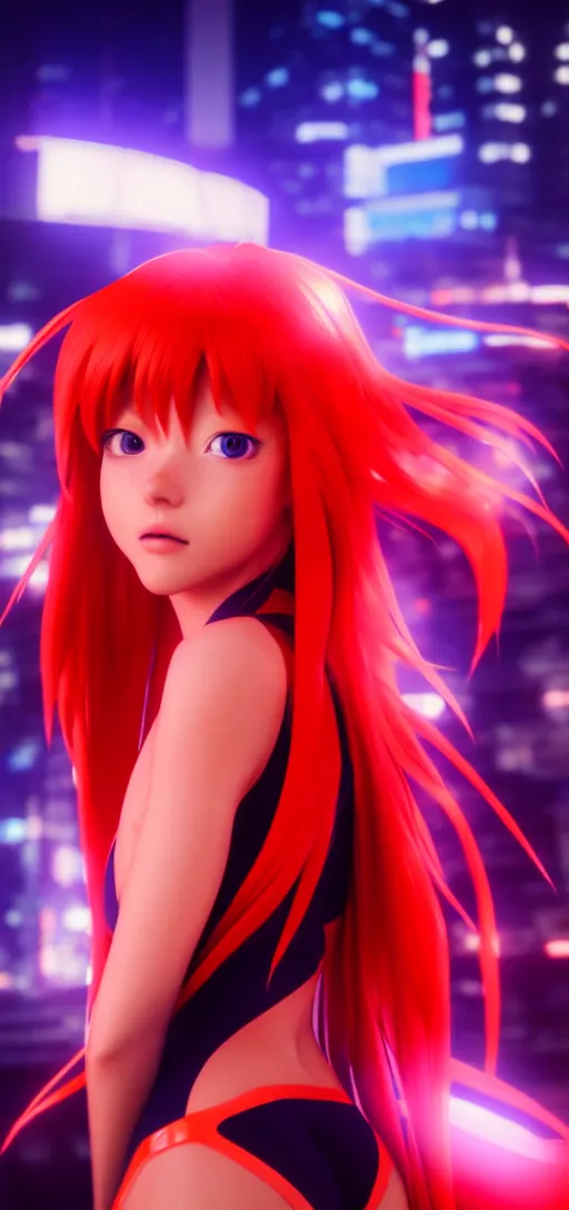 Image similar to asuka langley in a neon city, octane render 8 k, photorealistic render, atmospheric render, beautiful face, cute, realistic skin, redshift render, realistic reflections