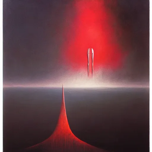 Prompt: long shot of among us red character, space ship in the background, amogus, art by zdzislav beksinski, high quality, dark hues, higly detailed, oil painting