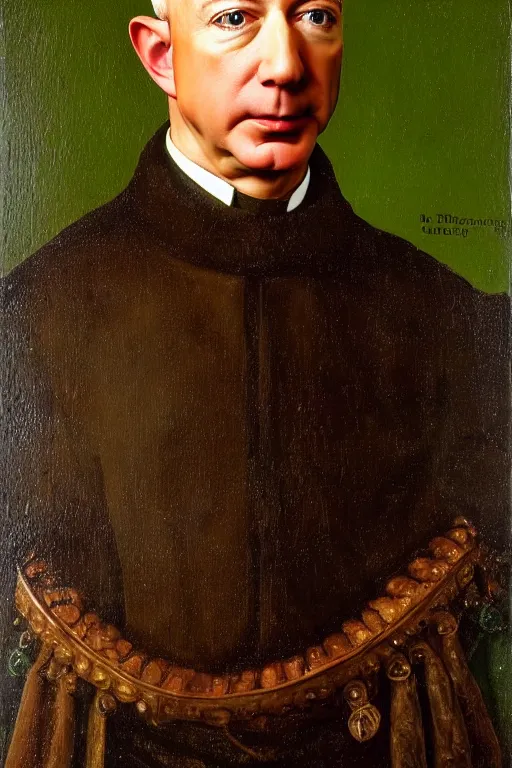 Image similar to portrait of jeff bezos!!! oil painting by jan van eyck, northern renaissance art, oil on canvas, wet - on - wet technique, realistic, expressive emotions, intricate textures, illusionistic detail
