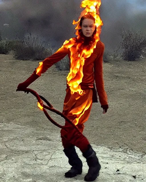 Image similar to [ [ [ [ [ [ squidward ] ] ] ] ] ] wearing fire nation clothing and practicing firebending outside at susnset