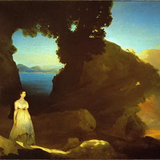 Image similar to goya the colossus painting, hudson river school, princess in foreground, large scale