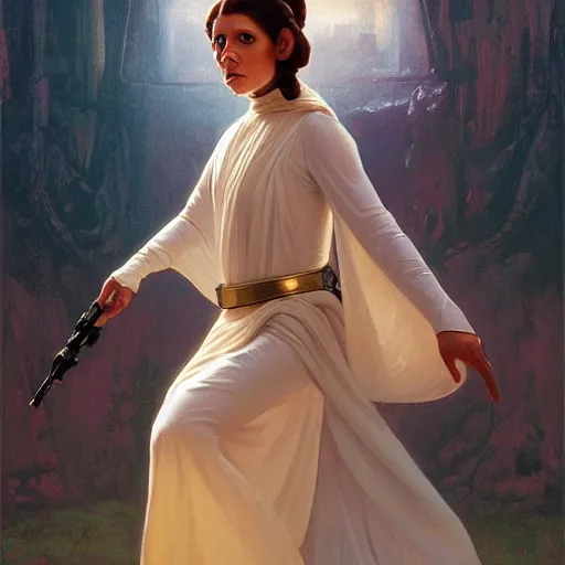 Prompt: a portrait painting of princess leia carrie fisher hybrid oil painting, gentle expression, smiling, elegant clothing, scenic background, behance hd, by jeremy pitkin, alphonse mucha, greg rutkowski, tim hildebrandt, boris vallejo