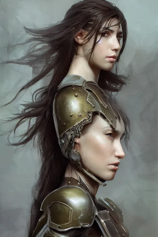 Prompt: a photorealistic painting of an attractive young girl, partially clothed in battle armor, olive skin, long dark hair, beautiful bone structure, symmetrical facial features, perfect eyes, intricate, elegant, digital painting, concept art, illustration, sharp focus, minimal artifacts, from Metal Gear, in the style of Ruan Jia and Mandy Jurgens, by Greg Rutkowski, trending on Artstation, award winning