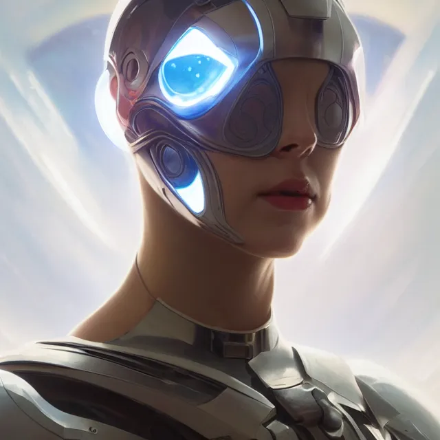 Prompt: portrait of futuristic cyborg wearing white shiny armor, shiny skin, raytracing, astral nebula, subsurface scattering, artistic, art by artgerm, greg rutkowski and alphonse mucha, artstation, octane render,