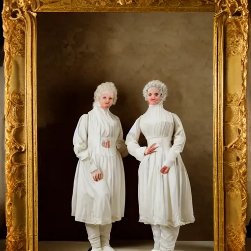 Image similar to photograph of two women with 18. century white costumes and white big baroque curly wigs, standing in a hall, candle light only