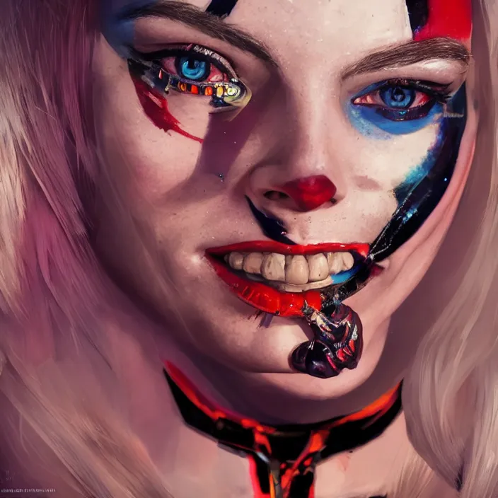 Image similar to portrait of Margot Robbie as a harley quinn. intricate abstract. intricate artwork. by Tooth Wu, wlop, beeple, dan mumford. octane render, trending on artstation, greg rutkowski very coherent symmetrical artwork. cinematic, hyper realism, high detail, octane render, 8k, iridescent accents