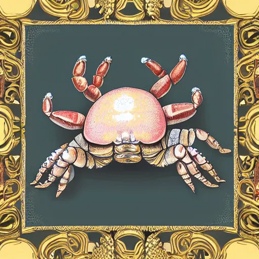 Prompt: illustration of one small small small standalone highly detailed minimalist hermitcrab! crab in an elaborate maximalist shell, with flemish baroque rococo unexpected elements. seen from the distance hd! matte paper background. childrenbook in soft natural pastel tones