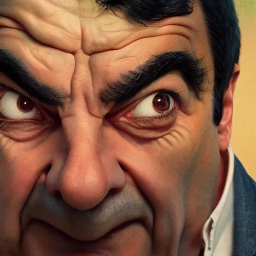 Prompt: upper body portrait of a hulking herculean chiseled mr bean rowan atkinson, cinematic lighting, photorealistic, octane render, 8 k, depth of field, 3 d, art by artgerm and greg rutkowski and alphonse mucha and uang guangjian and gil elvgren and sachin ten