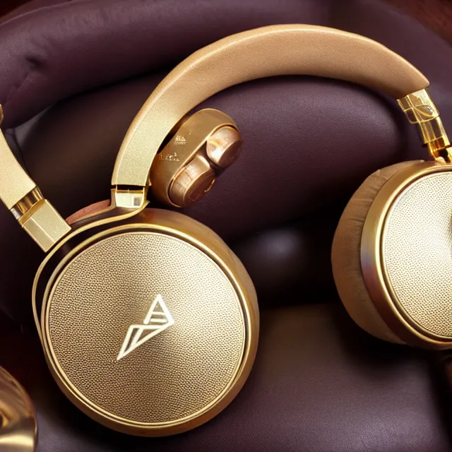 Image similar to masterpiece photo of beautiful hand crafted artistic gold metal headphones, bismuth rainbow metal, bismuth cups, plush leather pads, displayed on mahogany desk, modernist headphones, bismuth beautiful well designed, hyperrealistic, audiophile, intricate hyper detail, extreme high quality, photographic, audeze, sennheiser, bang olufsen, abyssal