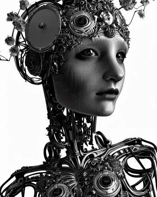 Image similar to black and white dreamy foggy smoky profile face portrait, one silver steampunk realistic eye biomechanical beautiful young female cyclope - cyborg - robot bust, body ribs meshes,, volumetric light, hibiscus flowers, by hg giger, rim light, by dora maar and cecile beaton, big gothic fashion pearl embroidered collar, 8 k