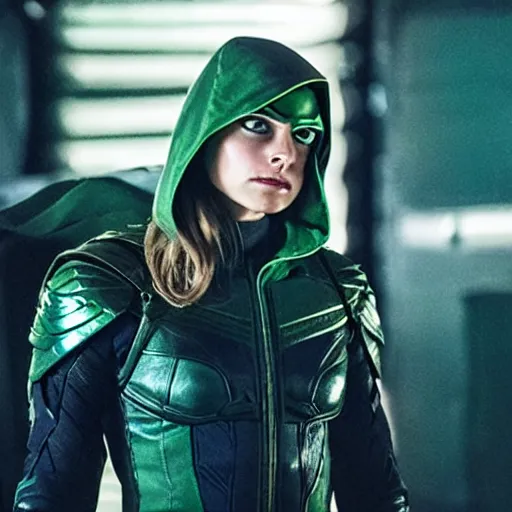 Image similar to film still of willa holland as green arrow in the 2 0 1 7 film justice league, dramatic cinematic lighting, inspirational tone, suspenseful tone, promotional art