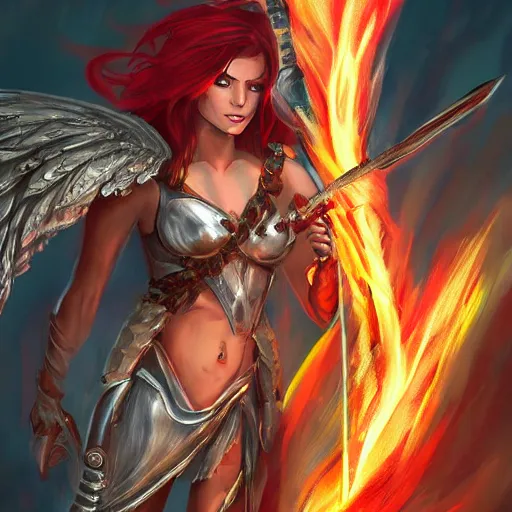 Image similar to fantasy concept art, ( ( winged ) ) ( red hair woman ) ( flaming sword ) ( ( ( plate armor ) ) ) ( ( ( ( devilish smile ) ) ) ), 4 k, painting