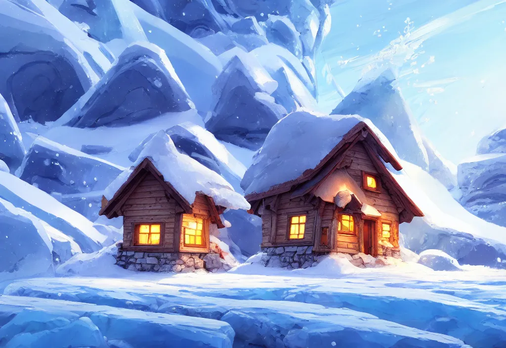 Image similar to tiny chubby wood house on a glacier, ice, rocks, snow, intricate oil painting, high detail illustration, sharp high detail, manga and anime 1 9 9 9, official fanart behance hd artstation by jesper ejsing and makoto shinkai, 4 k,