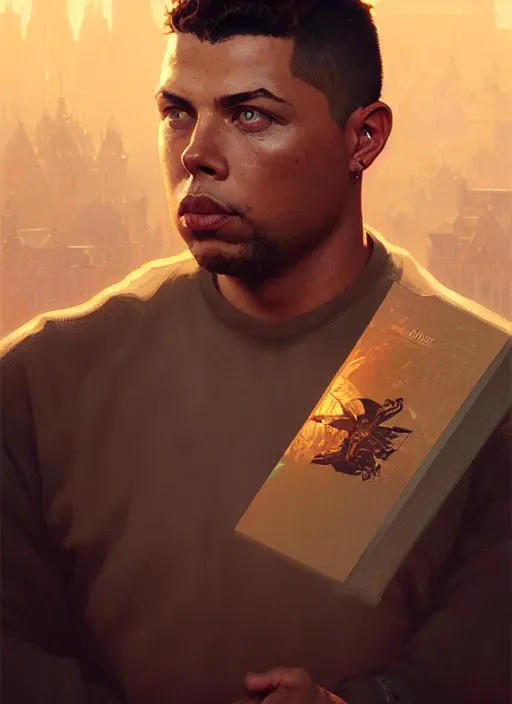 Image similar to highly detailed portrait of ronaldo nazario, stephen bliss, unreal engine, fantasy art by greg rutkowski, loish, rhads, ferdinand knab and lois van baarle, ilya kuvshinov, rossdraws, tom bagshaw, alphonse mucha, global illumination, detailed and intricate environment