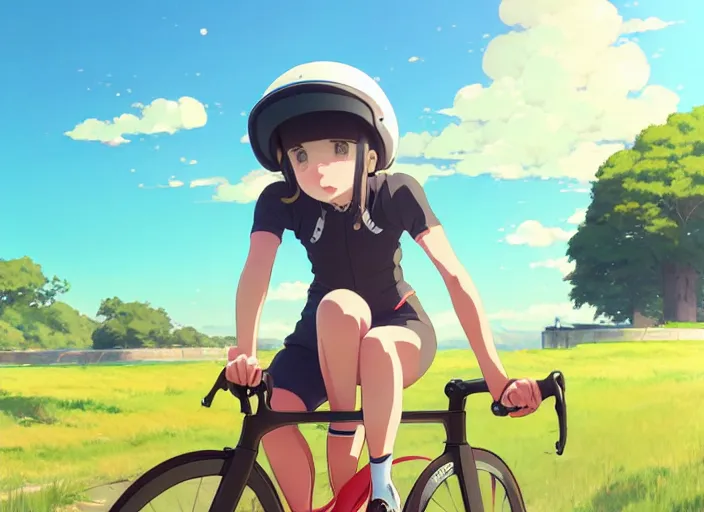 Prompt: portrait of cute girl riding road bike, sunny sky background, lush landscape, illustration concept art anime key visual trending pixiv fanbox by wlop and greg rutkowski and makoto shinkai and studio ghibli and kyoto animation, symmetrical facial features, sports clothing, red road bike helmet, nike cycling suit, backlit, aerodynamic frame, gta 5