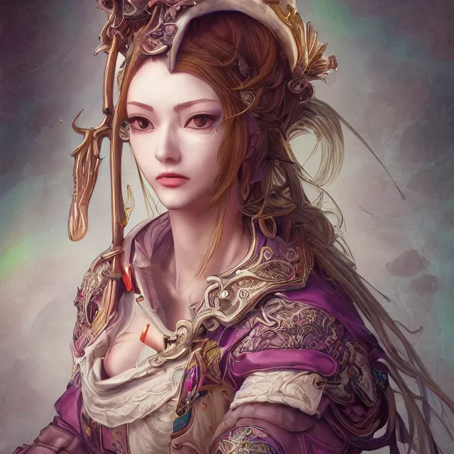 Image similar to studio portrait of neutral good colorful female cleric bard healer as absurdly beautiful, elegant, young skinny gravure idol, ultrafine hyperdetailed face illustration by kim jung gi, irakli nadar, intricate linework, sharp focus, bright colors, octopath traveler, final fantasy, unreal engine highly rendered, global illumination, radiant light, detailed intricate environment