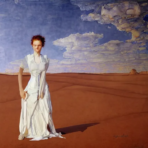 Image similar to a girl with white dress inside the desert by egon schiele and michael angelo, baroque, neo Gothic,matte painting, baroque detailes,photo real,concept art,highly detailed,sharp lines, hdri, 4k -