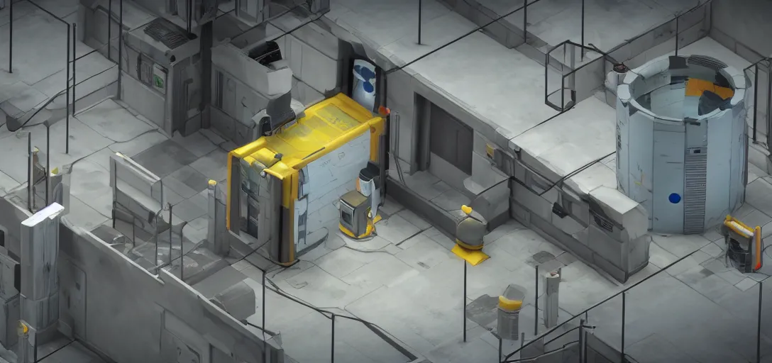 Image similar to Isometric 3d high octane render of a test chamber from Portal 2 Game