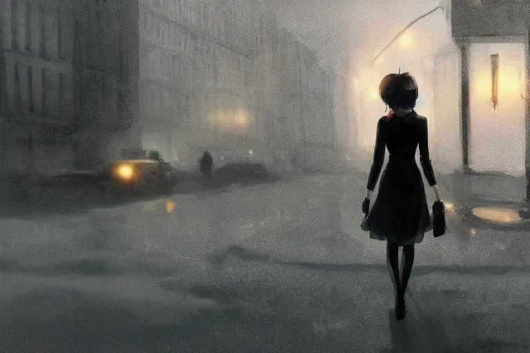 Prompt: a woman in a black dress and thigh highs walking in a dark soviet city, digital illustration, beautiful face, atmospheric, volumetric, by makoto shinkai, by yoshitaka amano, by greg rutkowski, by dan mumford, highly detailed, composition, 4 k, forward facing pose, detailed street