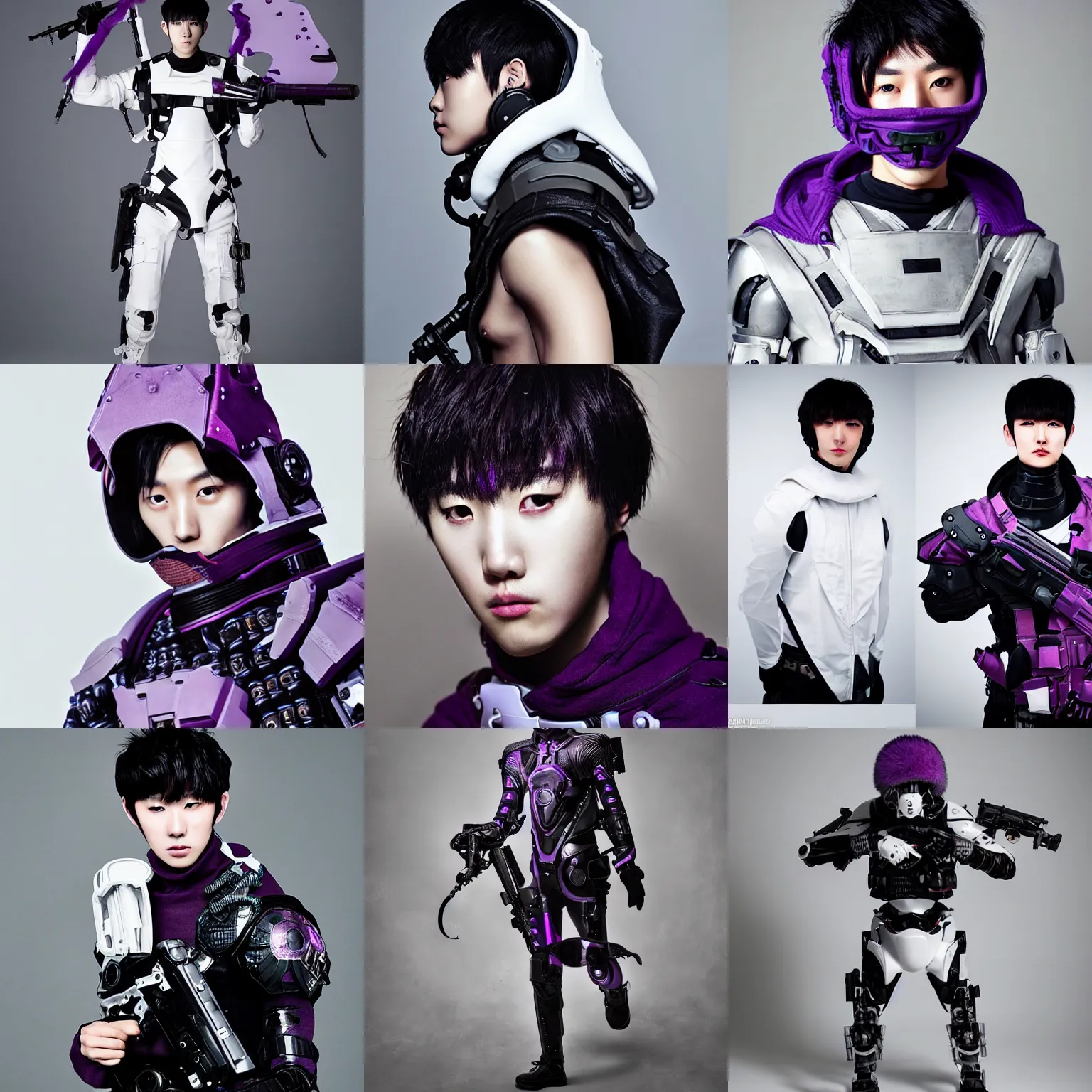 Prompt: male ulzzang with white sci - fi tactical gear, black cybernetic enhancements, purple grystal hood, full shot fashion photography, by irving penn and storm thorgerson, ren heng