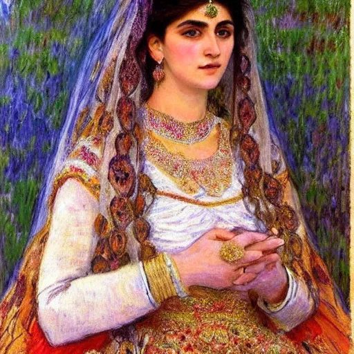 Image similar to full body portrait of a beautiful Kurdish bride wearing beautiful a beautiful wedding dress, very detailed eyes, hyperrealistic, beautiful, very detailed painting by Claude Monet and Alphonse Mucha, trending on artstation, extremely high detail, incredibly intricate