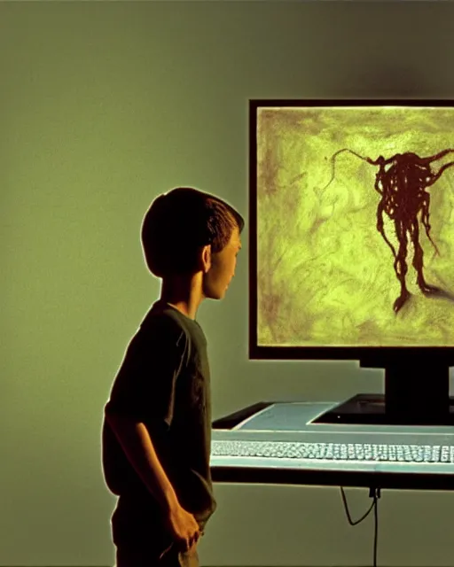 Prompt: 8k professional photo of an 8 years old enlightened and scared boy standing in front of an old computer from 90s with a game doom2 at the monitor screen. painting by Adrian Ghenie and Willem de Kooning and Cy Twombly, still from a movie by Gaspar Noe and James Cameron