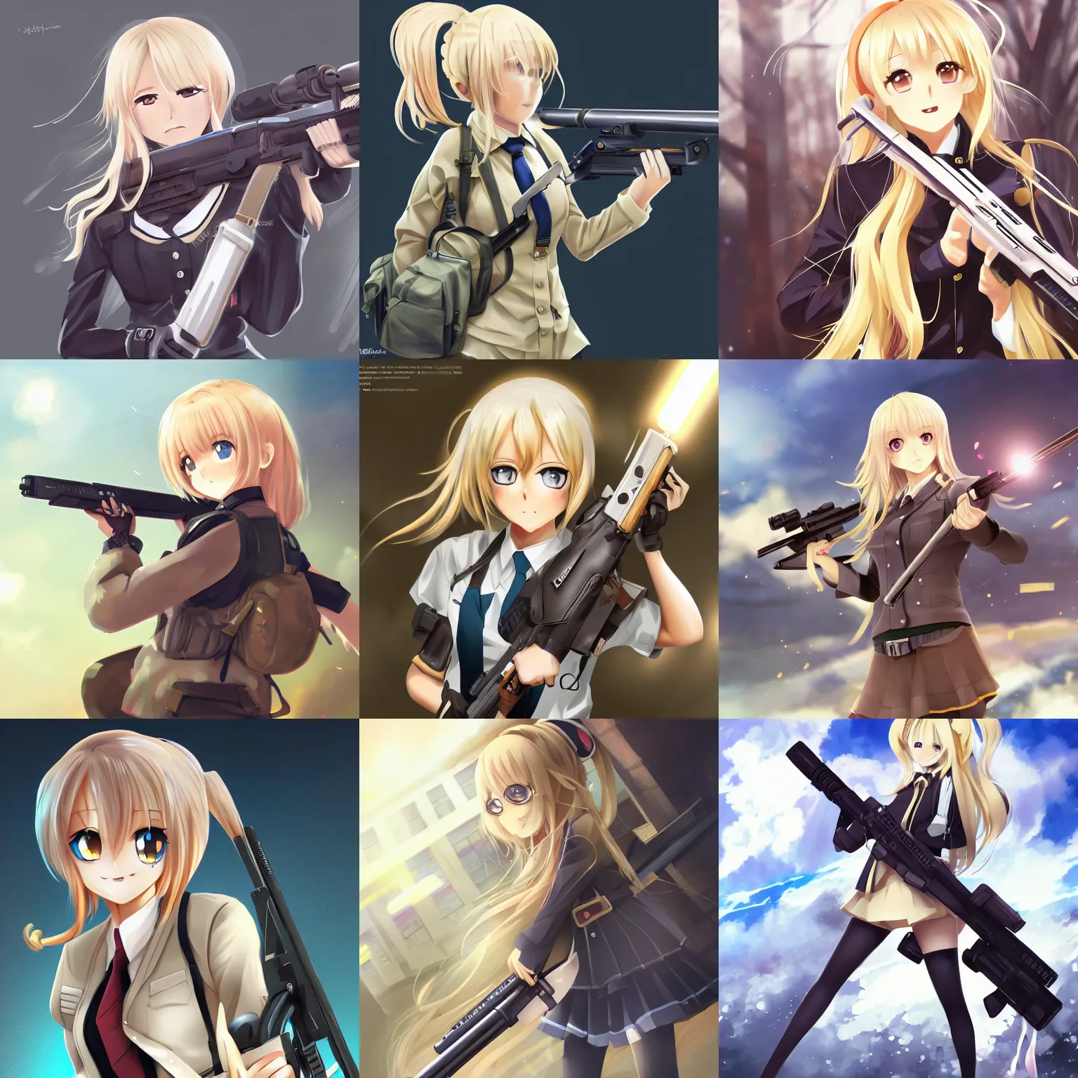 Prompt: anime, full body, cute, female, a blonde haired cute girl wearing a school uniform and holding a sniper rifle, gorgeous lighting, highly detailed, digital painting, art station, sharp focus, high quality, frontal view, illustration, concept art, advanced digital anime art