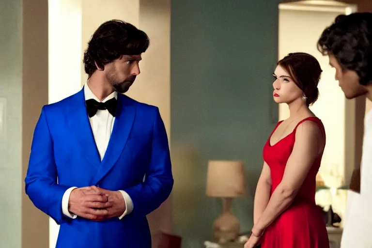 Prompt: full body film still of a man longingly looking at a woman in a red dress as a woman in a blue dress looks dissapointedly at the man in the new romance movie, dramatic angle, dramatic lighting