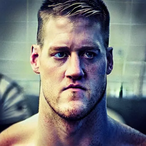 Image similar to “a realistic detailed photo of a guy who is an attractive humanoid who is half robot and half humanoid, who is a male android, football player JJ Watt, shiny skin, posing like a statue, blank stare”