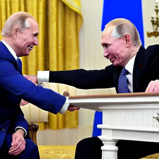 Image similar to biden and putin handshacking each other with a painful face