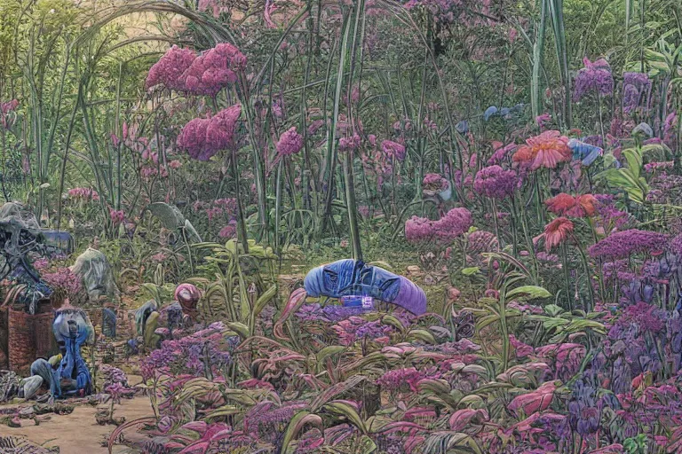 Prompt: super - detailed scene twilight junkyard, louisiana swamps, indigo blooming flowers garden, 8 k, 8 0 s japanese sci - fi books art, artwork by jean giraud