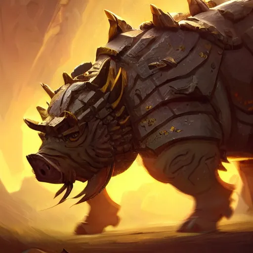 Image similar to an armored boar, boar ’ s tusks, yellow theme, bright art masterpiece artstation. 8 k, sharp high quality artwork in style of jose daniel cabrera pena and greg rutkowski, concept art by tooth wu, blizzard warcraft artwork, hearthstone card game artwork, armored boar